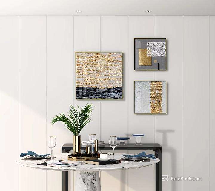 Modern Dining Table Setup With Round Top Gold Gray Wall Art And Potted Plant 3d model 