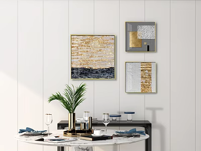 Modern Dining Table Setup With Round Top Gold Gray Wall Art And Potted Plant 3d model