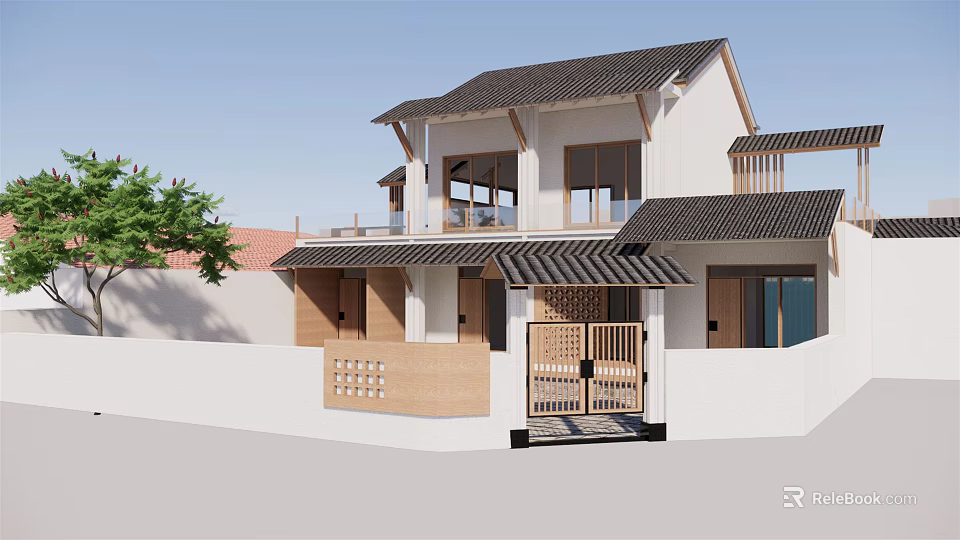 Two Story Homestay Building Featuring Black Tiled Roof Balcony And Wooden Gate 3d model 