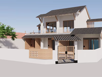 Two Story Homestay Building Featuring Black Tiled Roof Balcony And Wooden Gate 3d model