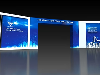 Modern Exhibition Archway With New System Products And Blue Background Design 3d model