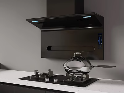Contemporary Kitchen Featuring Black Range Hood Gas Stove Silver Wok And White Countertop Appliances 3d model