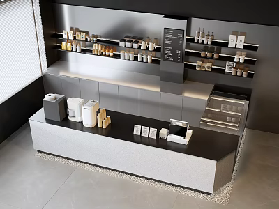 Modern Bar Counter Interior Design With Sleek Shelves And Coffee Equipment 3d model