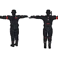 Game and Movie Character in Dark Combat Suit with Helmet Red Accents Arms Outstretched