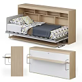 Kids Wooden Bed With Built-in Bookshelf Patterned Pillows White Mattress And Dark Blanket