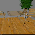 Glass Top Tea Table and Wooden Metal Frame Chairs with Green Plant on Wooden Floor