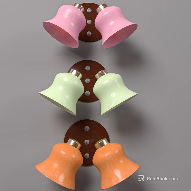 Colorful Bell Shaped Wall Lamps with Brown Wooden Base and Pink Light Green Orange Shades 3d model 