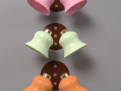 Colorful Bell Shaped Wall Lamps with Brown Wooden Base and Pink Light Green Orange Shades 3d model
