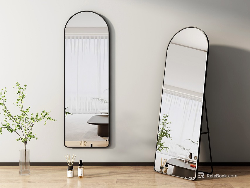 Arched Wall Mounted And Floor Standing Mirrors In Minimalist Room 3d model 