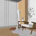 Cozy Lounge Chair With Wooden Frame White Cushion Side Table Potted Plant And Window Blinds
