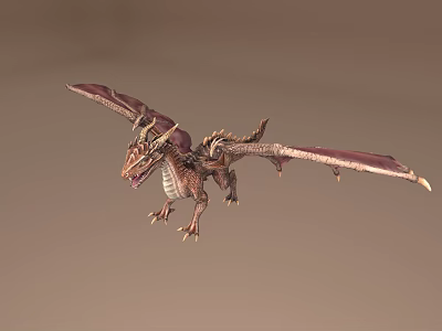 3D Brown Dragon Model Flying With Extended Wings On Light Brown Background 3d model