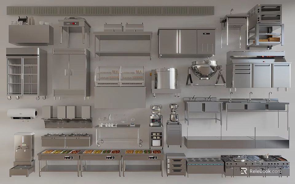 Stainless Steel Commercial Kitchen Interior With Various Equipment Worktables And Cabinets 3d model 
