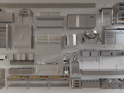 Stainless Steel Commercial Kitchen Interior With Various Equipment Worktables And Cabinets 3d model
