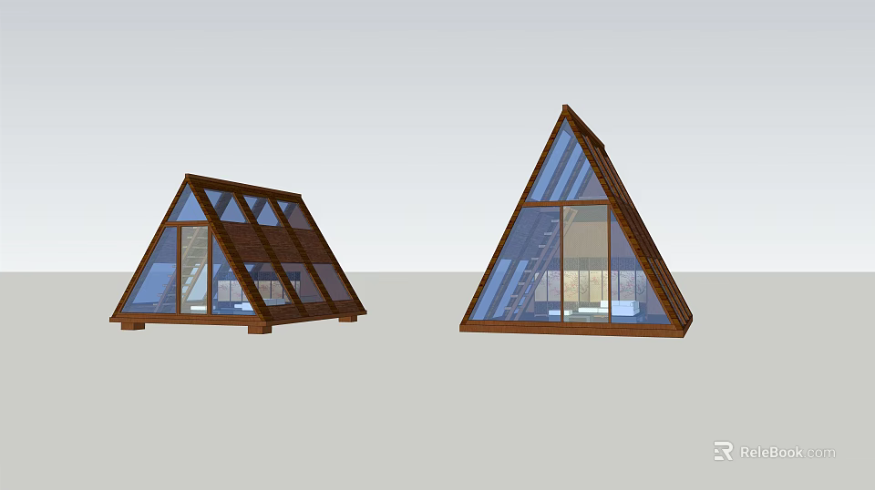 Triangular Roof Wooden Houses With Large Glass Windows And Dual Modern Design 3d model 
