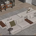 Modern Beige Upholstered Sectional Sofa With Pillows On Gray Rug Wooden Floor