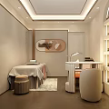 Elegant SPA Room Interior With Massage Table Stool Rug And Shelves Of Bottles