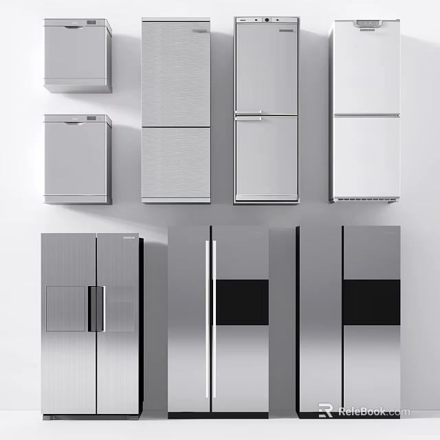 Various Modern Stainless Steel Refrigerators And Freezers With Different Door Styles 3d model 