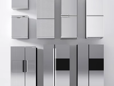 Various Modern Stainless Steel Refrigerators And Freezers With Different Door Styles 3d model