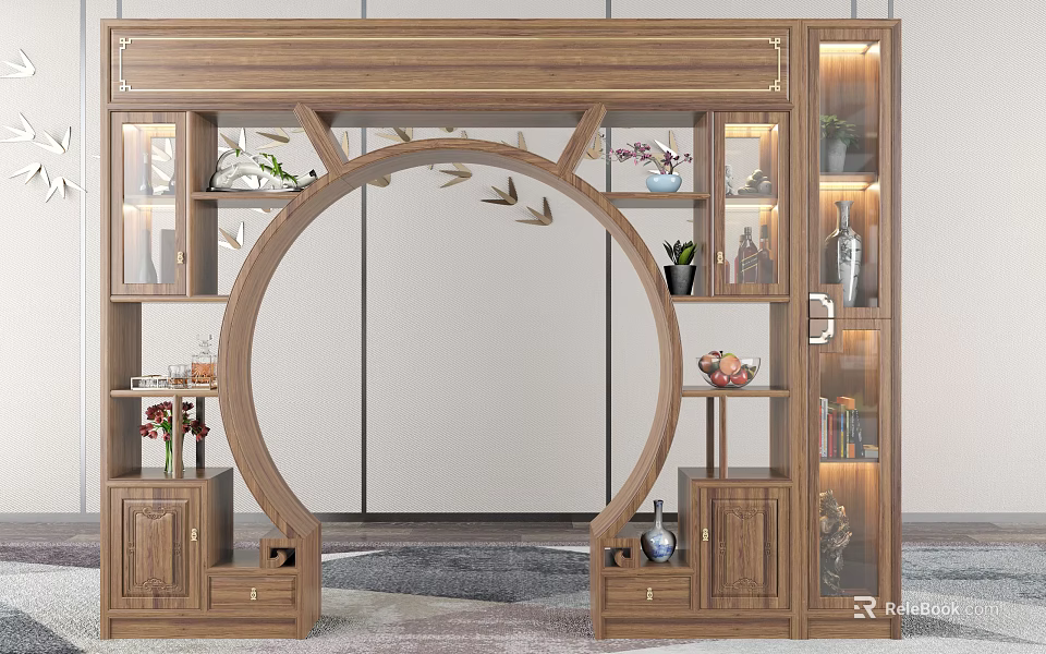 Wooden Round Archway With Display Cabinets Vases Plants And Bird Ornaments 3d model 
