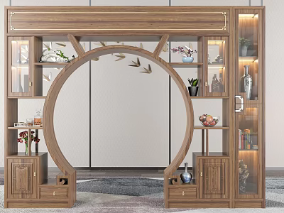 Wooden Round Archway With Display Cabinets Vases Plants And Bird Ornaments 3d model