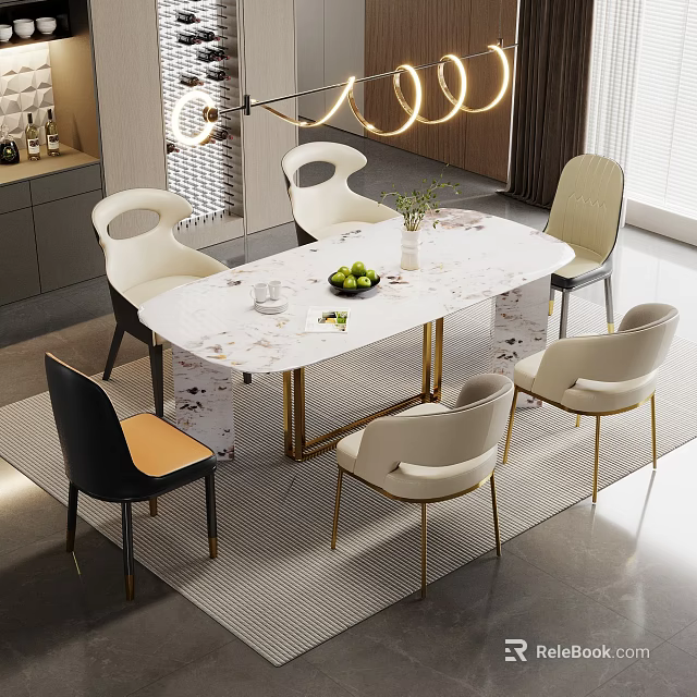 Modern Luxury Dining Restaurant Space With Exquisite Marble Dining Table And Stylish Comfortable Upholstered Chairs 3d model 
