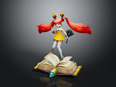 Game Movie Character Red Twin Ponytails Golden Decorations Yellow Dress Magic Wand On Open Book 3d model