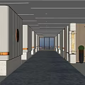 Modern Long Hotel Corridor Interior With Wooden Walls Columns Circular Decor And Carpet