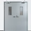 Gray Fire Doors With Green Emergency Exit Signs And Red Extinguisher Cabinets