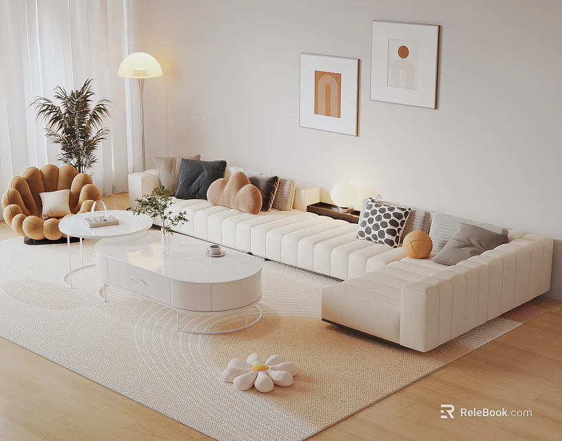 Beige Sofa and Coffee Table Set with Decorative Pillows White Tables Light Carpet and Wall Art 3d model 
