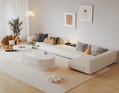 Beige Sofa and Coffee Table Set with Decorative Pillows White Tables Light Carpet and Wall Art 3d model