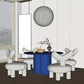 Modern Dining Table Set Blue Round Table White Curved Chairs Spherical Light Sculpture And Window 3d model