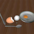 Cracked Egg With Yolk On Ceramic Plate And Kitchen Utensils On Wooden Table