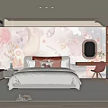 Kids Room Interior With Cartoon Wallpaper Bed Dressing Table White Cabinet And Chair