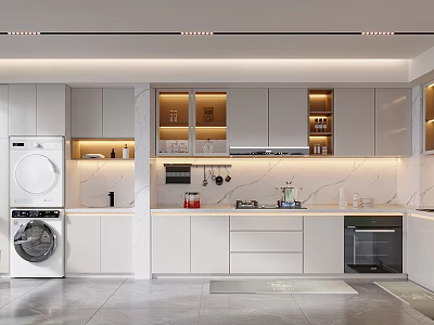 Modern Kitchen Interior Design With White Cabinets Marble Countertop And LED Lighting 3d model