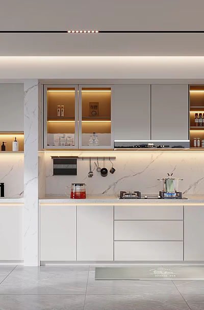 Modern Kitchen Interior Design With White Cabinets Marble Countertop And LED Lighting 3d model