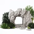 Decorative Garden Ornament With Rock Archway Surrounding Green Plants And Stone Stepping Stones