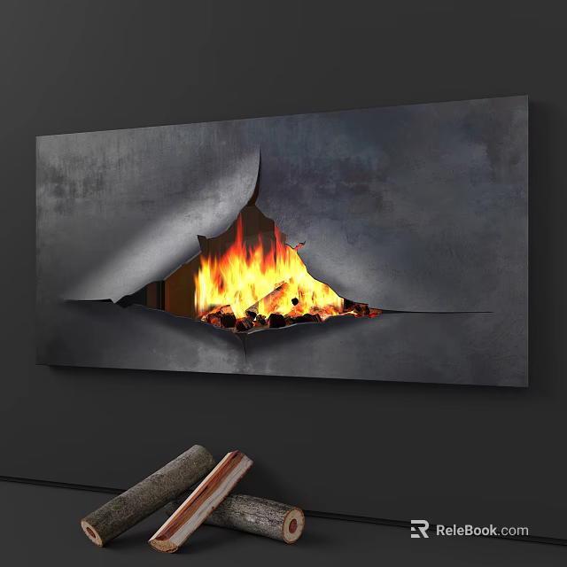 Modern Fireplace Interior Design With Gray Surface And Burning Flames On Dark Wall 3d model