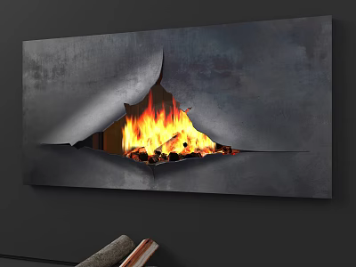 Modern Fireplace Interior Design With Gray Surface And Burning Flames On Dark Wall 3d model