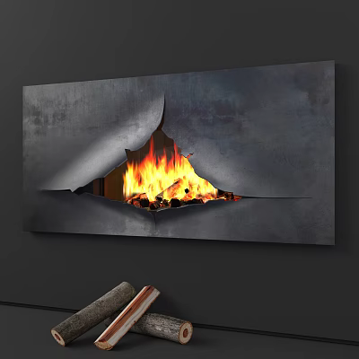Modern Fireplace Interior Design With Gray Surface And Burning Flames On Dark Wall 3d model