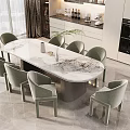 Modern Contemporary Dining Table Set With Marble Top And Six Grey Upholstered Chairs