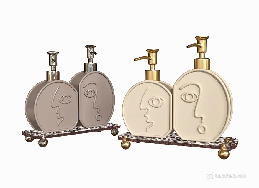 Face Designed Liquid Soap Dispensers In Two Colors On Tray 3d model