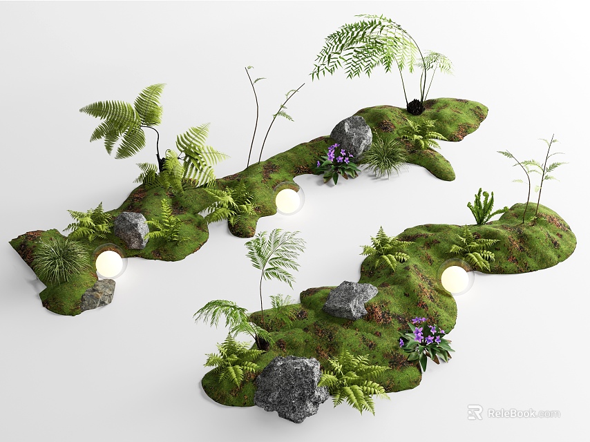 Charming Garden Decor With Moss Covered Rocks Ferns Small Lights And Purple Flowers 3d model 