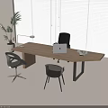 Modern Wooden Desk with Laptop Desk Lamp and Black Chair in Bright Room with Blinds