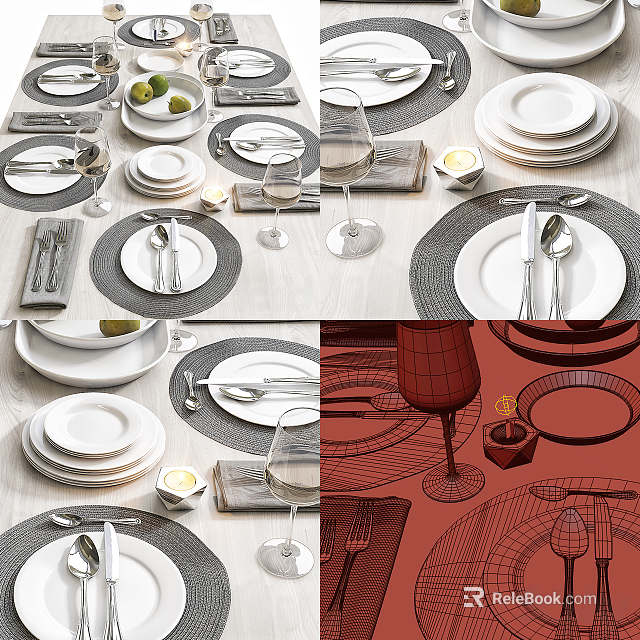 Stylish Tableware Set With Stacked Plates Placemats Cutlery Wine Glasses And Olives 3d model 