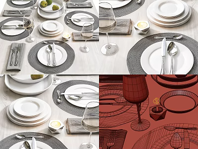 Stylish Tableware Set With Stacked Plates Placemats Cutlery Wine Glasses And Olives 3d model