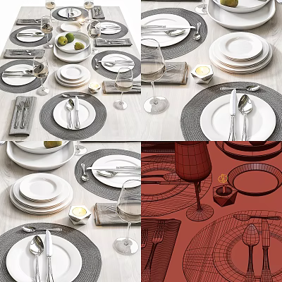 Stylish Tableware Set With Stacked Plates Placemats Cutlery Wine Glasses And Olives 3d model