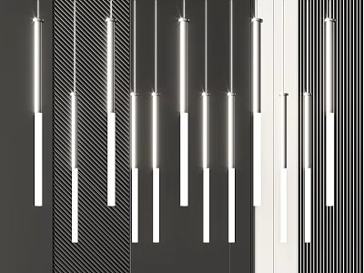Multiple Slim White Pendant Lights Hanging Over Dark And Light Striped Walls 3d model