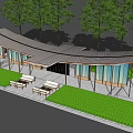 Curved Pergola Design With Glass Walls Wooden Structure And Outdoor Seating Surrounded by Trees