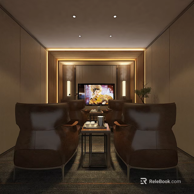 Home Theater Interior With Brown Leather Armchairs Large Screen TV Wooden Decor And Warm Lighting 3d model 