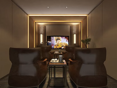 Home Theater Interior With Brown Leather Armchairs Large Screen TV Wooden Decor And Warm Lighting 3d model